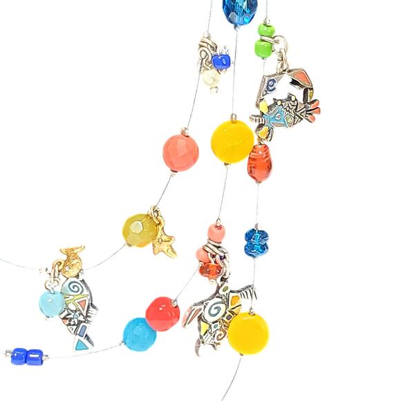 Chicos Triple Strand Bead Dangle Charm Necklace Turtle Crab Fish Beachy Surf 16" - Picture 3 of 5